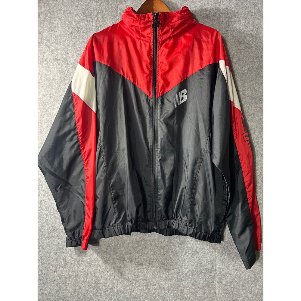 Vintage 90s New Balance Windbreaker Jacket Red Black Packaway Hood Mens Large